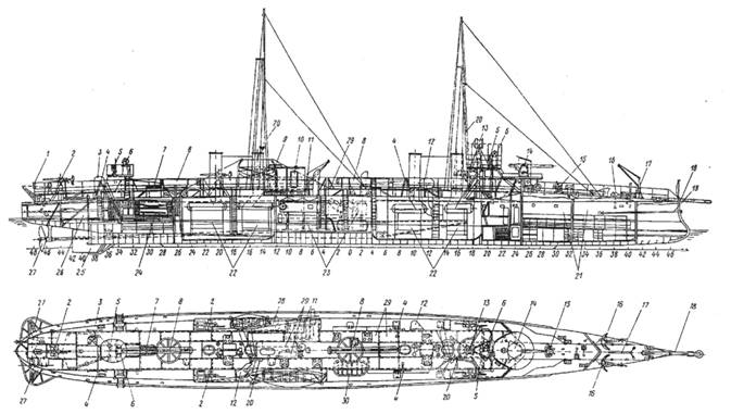 План-схема миноносец «Л-т Бураков» 1907 г.]   Эскадренный миноносец «Лейтенант Бураков». 1907 г.