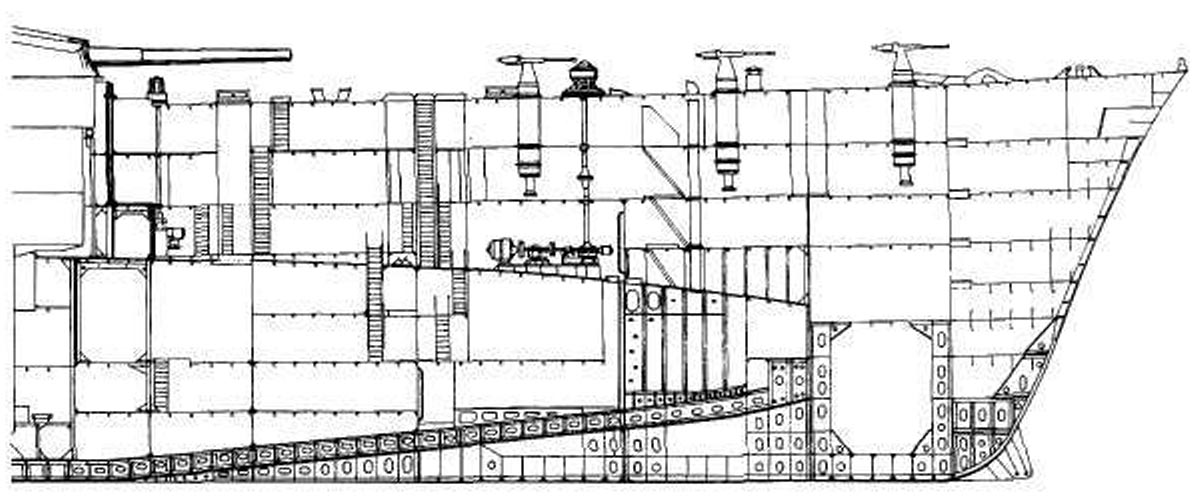 Draw 20. Носовая оконечность продольный разрез. Andrea DORIA В разрезе. It Caio Duilio в разрезе.