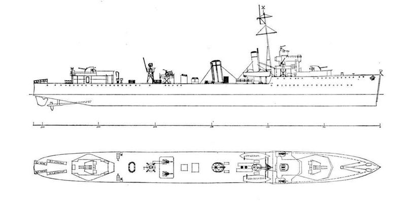 Схема эсминца HMS Vanity после WAIR модернизации