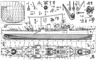 1 — цепь параван-охранителя, 2 — становой якорь, 3 — гюйс-шток, 4 — киповая планка, 5 — швартовный кнехт, 6 — подушка параван-охранителя, 7 — орудие главного калибра, 8 — параван-охранитель, 9 — 76,2-мм универсальное орудие, 10 — грузовой кран, 11 — стойка палубного вентилятора, 12 — пеленгатор, 13 — штурманский стол, 14 — магнитный компас, 15 — дальномер, 16 — фонарь первого топового огня, 17 — прожектор, 18 — фонарь верхнего первого топового огня, 19 — фор-брам-рей, 20 — фонарь клотиковсго огня, 21 — стойка радиоантенны, 22 — зенитный пулемет, 23 — стрела для спуска и подъема парового катера, 24 — прожектор, 25 — головка палубного вентилятора, 28 — площадка для лотовых, 27 — орудия, 28 — запасной дальномер, 29 — шлюпбалка, 30 — антенна радиопеленгатора, 31 — запасной магнитный компас, 32 — аварийный штурвал, 33 — фонарь второго топового огня, 34 — фонари клотиковых огней, 35 — платформа кормового прожектора, 36 — аварийный дальномер, 37 — сходной люк, 38 — головка вентилятора, 39 — кормовой флагшток, 40 — крышка сбрасывателя мин, 41 — кормовой якорь, 42 — кормовой шпиль, 43 — вьюшка для швартовных кормовых концов, 44 — швартовный кнехт, 45 — шашки дымовой завесы, 46 — сходной люк, 47 — крышка аварийного люка, 48 — люк в минный погреб, 49 — стоп-анкер, 50 — гребная шлюпка, 51 — световой люк машинного отделения, 52 — парадный трап, 53 — кран-балка, 54 — 14-весельный барказ, 55 — лебедка крана, 56 — платформа прожекторной стойки, 57 — рабочий катер, 58 — выстрел, 59 — фонарь бортового отличительного огня, 60 — сходной люк, 61 — волнолом, 62 — винтовой стопор якорь-цепи, 63 — цепь параван-охранителя на палубе, 64 — вьюшки для швартовных носовых концов, 65 — пулемет, 66 — разъездной катер, 67 — запасной параван-охранитель, 68 — вентиляционные головки котельного отделения, 69 — грузовые люки.