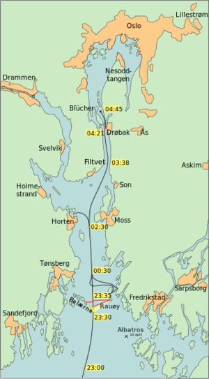 Маршрут крейсера Blücher в Осло-фьорде