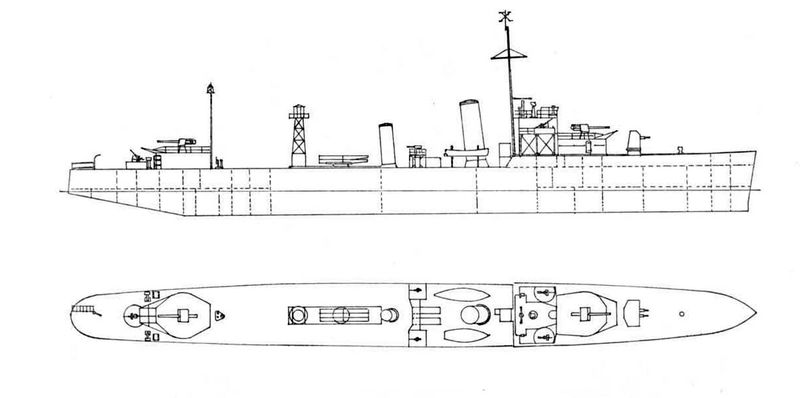 Схема эсминца HMS Wivern после модернизации в эскорт дальнего действия со спаренной 102-установкой на орудийной позиции А